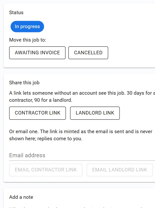 The job in the console: its status, the moves it can make, and buttons to issue a contractor link or a landlord link.