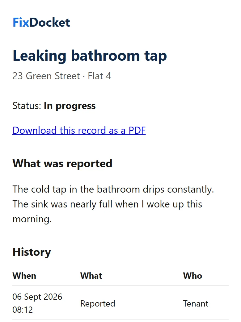 The contractor's page on a phone: the job, its status, what was reported, and the history so far.