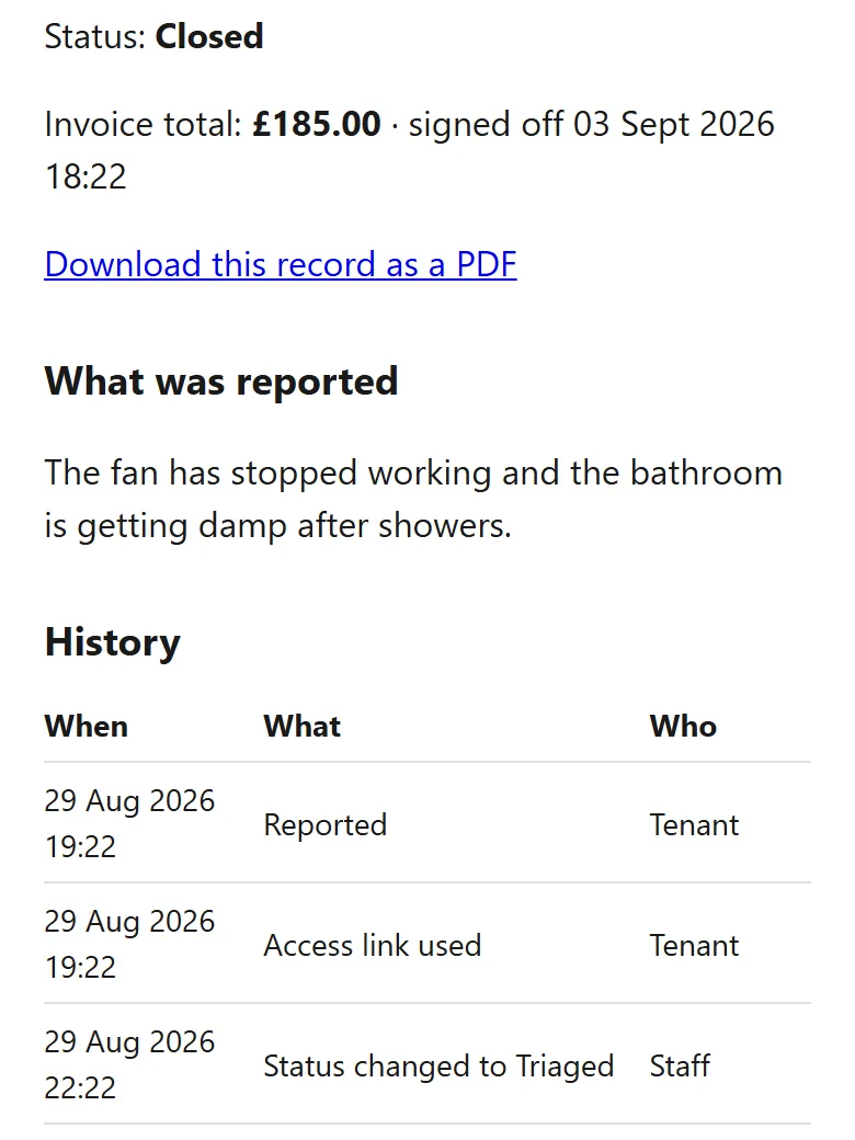The closed record on a phone: status closed, the invoice total and when it was signed off, a PDF link, and the history.